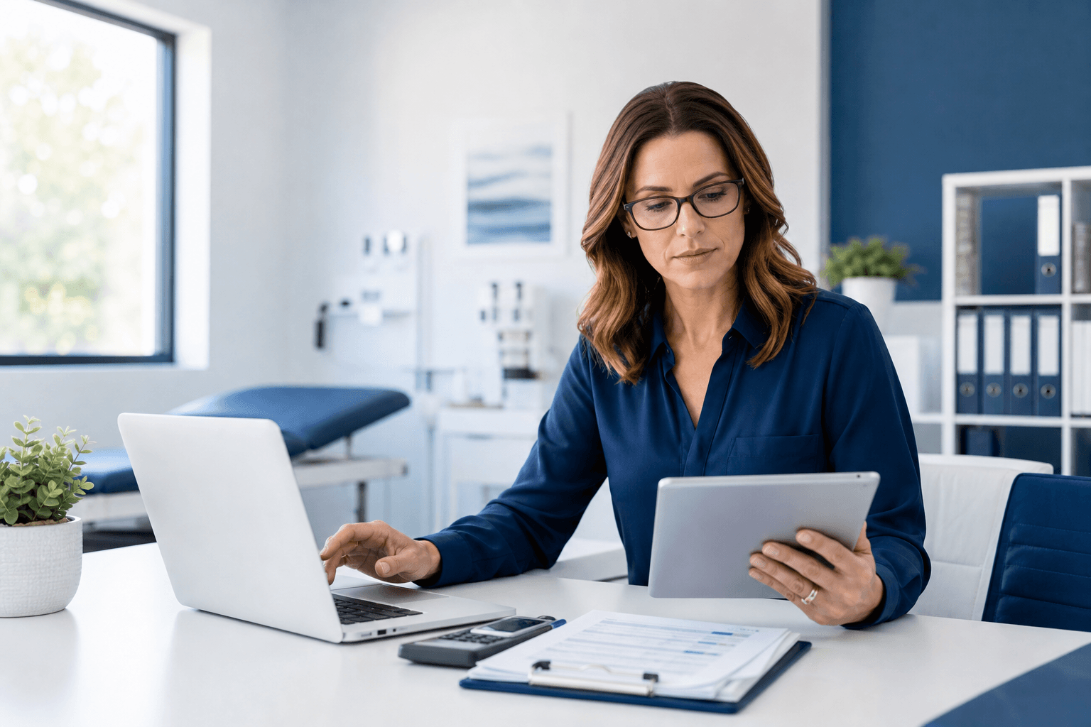 Healthcare professional reviewing medical billing and revenue cycle documents